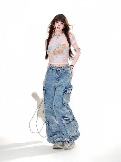 T-Shirt mit Grafik am Hals, Rosa/Weiß, Rundhalsausschnitt, Glamorous Cropped