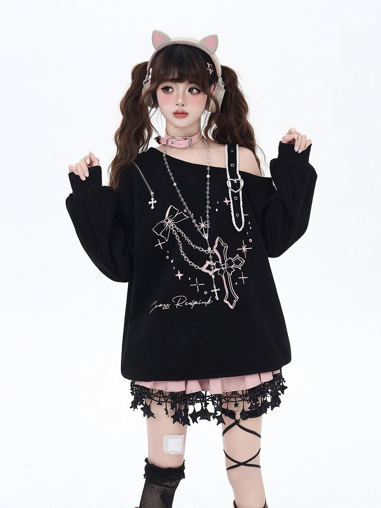 Black/Pink Asymmetrical Neckline Heart Buckle Cross Embroidered Sweatshirt