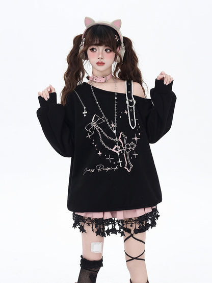 Black/Pink Asymmetrical Neckline Heart Buckle Cross Embroidered Sweatshirt