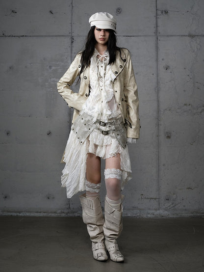Yellow Belt Rose Jacket with Punk Buckle Embroidery Cropped Tailored Khaki