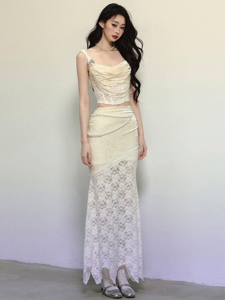 Apricot High Waist Lace Patchwork Mermaid Skirt