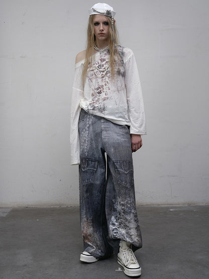 Wasteland Punk Letter Long Top Asymmetrical Blue/Beige Sleeves Neckline Print