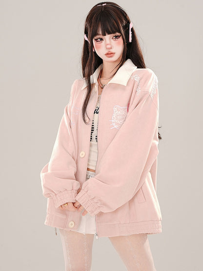 Pink Kitty Embroidery Baseball Jacket