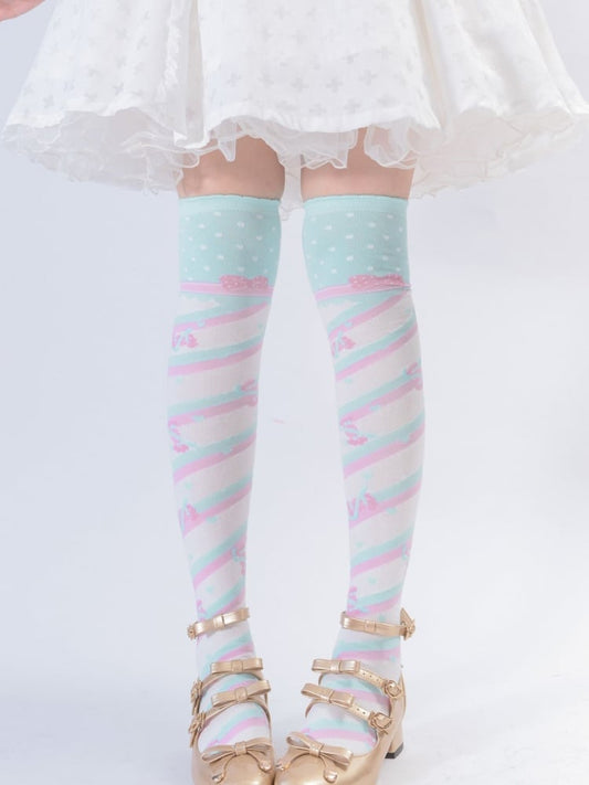 Little Candy Cotton Over-the-Knee Stockings - Mint Green and Pink Stripes