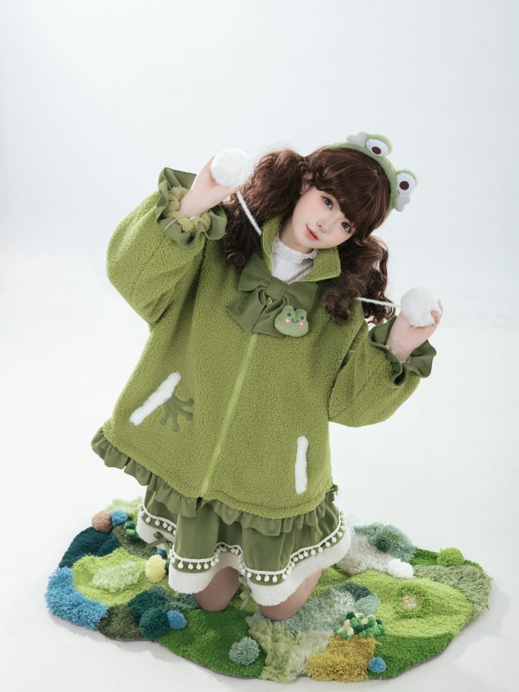 Grüner Fleecemantel mit Kapuze und hohem Kragen „Little Frog“
