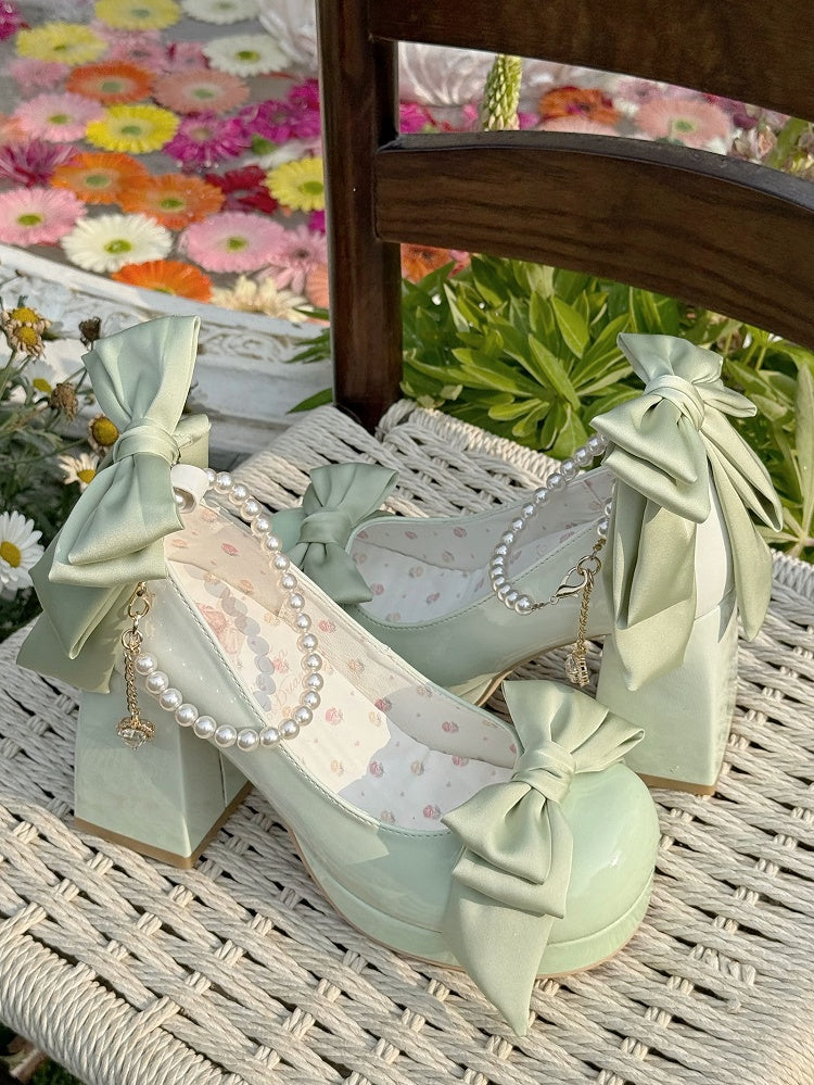 Grüne Lolita-Plateauschuhe mit Schleife und runder Mary-Schuh-Details