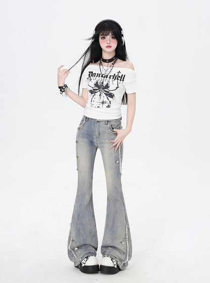 Raw Hem Vintage Flared Jeans Glamorous Blue