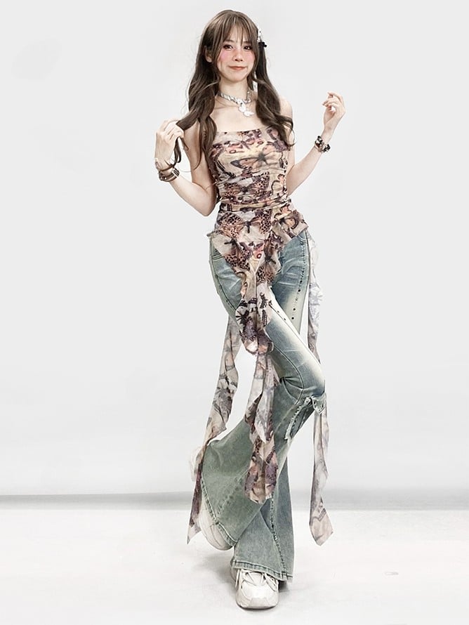 Decorated Jeans Faded Cuffs Y2K Frayed Glamorous Blue Raw Flare Pocket Silhouette Wash and