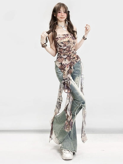 Decorated Jeans Faded Cuffs Y2K Frayed Glamorous Blue Raw Flare Pocket Silhouette Wash and