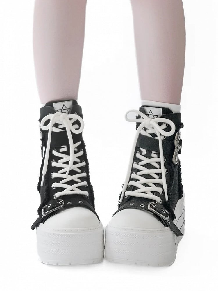 Schwarze Stiefel Bullhorn Plateau weiße Punksohle Schnalle - mit Canvas