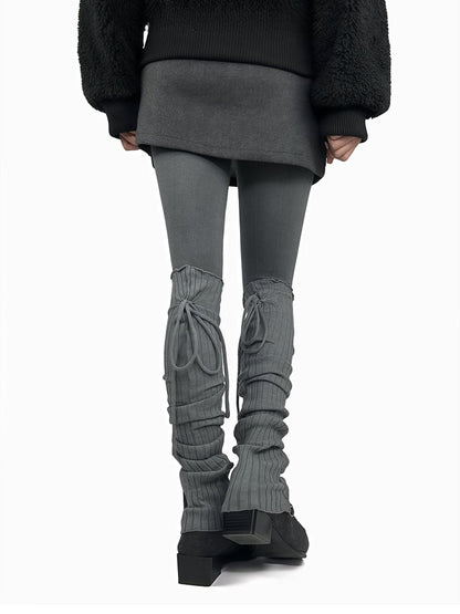 グレー/ベージュ/ブラウン/ブラック セルフタイストラップ レッグウォーマー