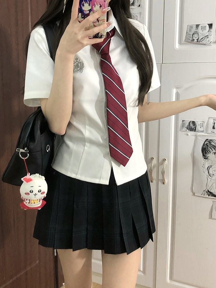 Badge Embroidered Preppy Uniform Sleeves Style JK White Short Shirt