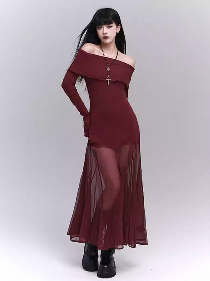 Robe glamour rouge vin semi-transparente à épaules dénudées