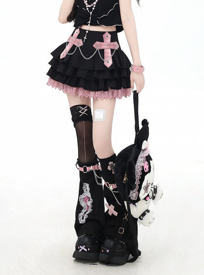 Pink/Red Plaid Cross Appliques Lace Trim Tiered Skirt Chains Decorated
