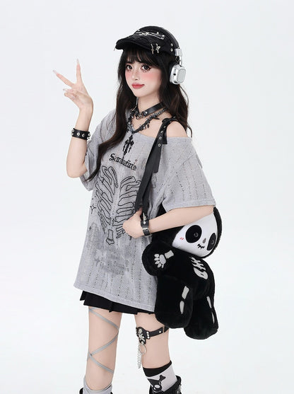 Y2K Asymmetrical Neckline Skeleton Heart Print Black/Gray/White T-Shirt