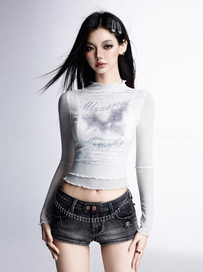 Pink/White Semi-sheer Top Butterfly Print Lettuce Hem Mesh