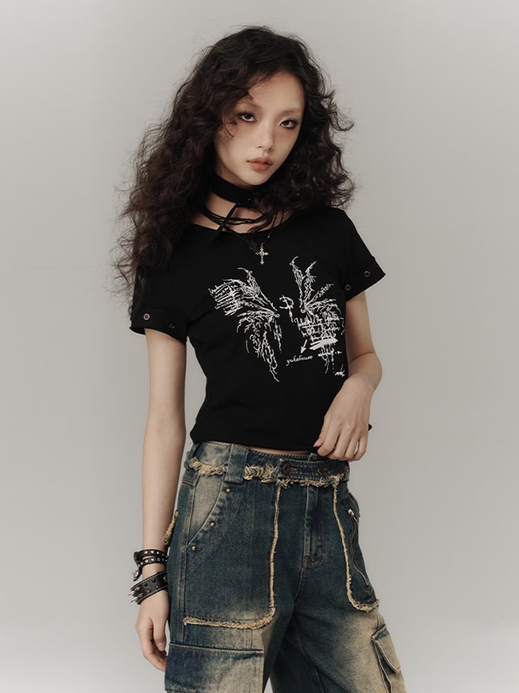 Black Wings Print Cotton Cropped T-shirt