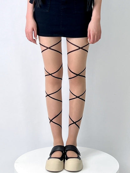 Hautfarbene/weiße Strumpfhose mit Schleifenmuster und überkreuzten Bändern