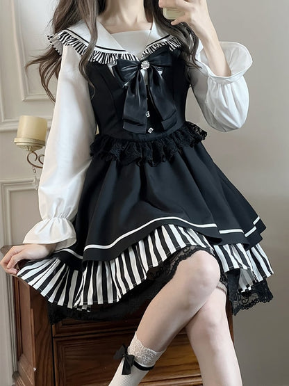 Black Jirai Kei Sailor Collor Blouse High Waist Lace Trim Overall Dress Set