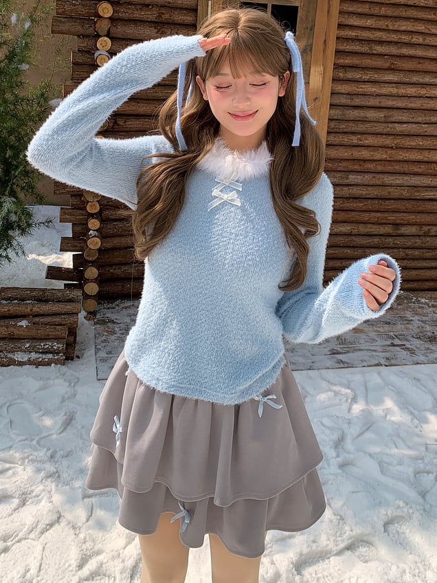 Haut à manches longues et col en peluche bleu avec détails nœud