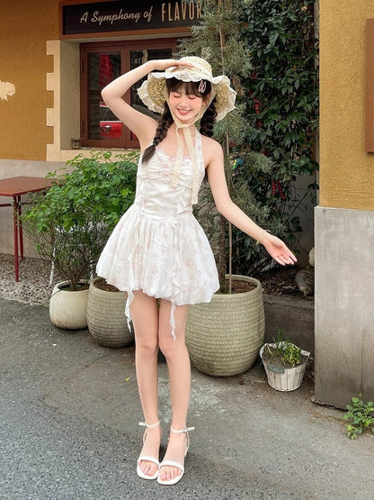 Waist Sweet White Puff Sleeves Basque Halter Neck Floral Dress
