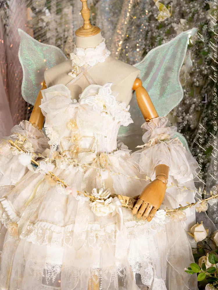 Lolita Fairycore Dress JSK Beige Full Design Princess and Set Butterfly Floral