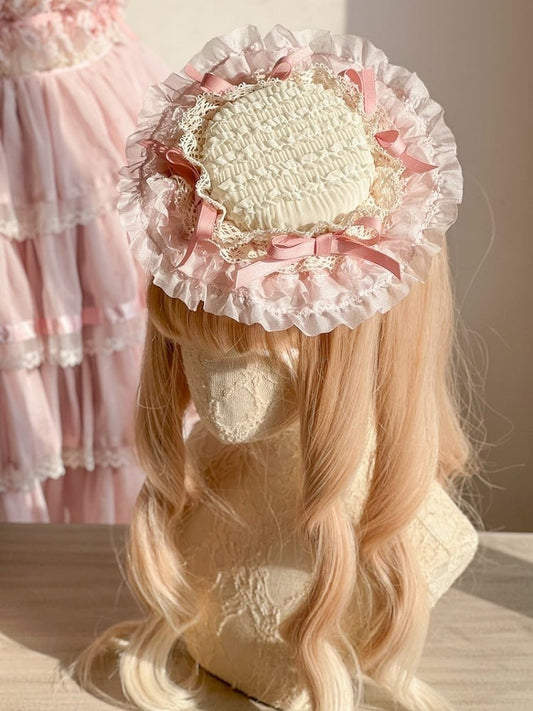Sweet Trimmed Mini Hat Lolita Pink with Lace Ribbon Bows