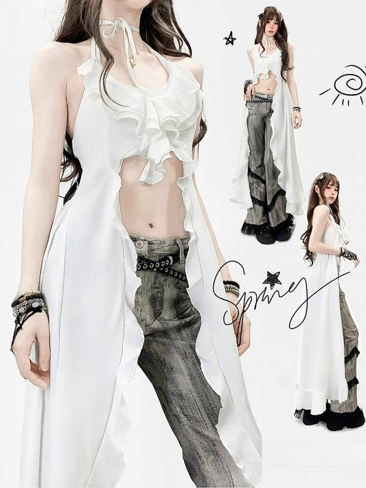 White Halter Design Neck Holiday High-low Top