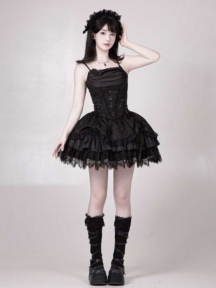 Schwarzes Gothic Lolita Korsett-Oberteil mit Wasserfallausschnitt und Stäbchen