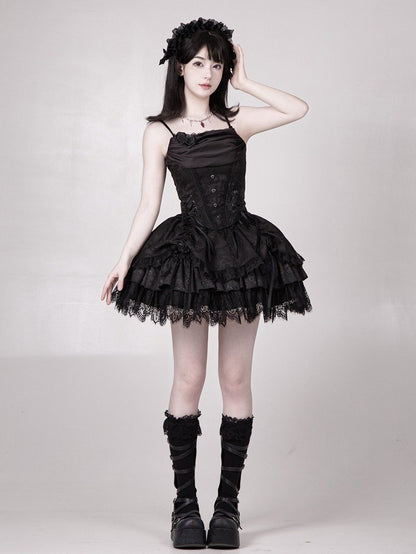 Gothic Detail Skirt Layered Lolita Drawstring Black