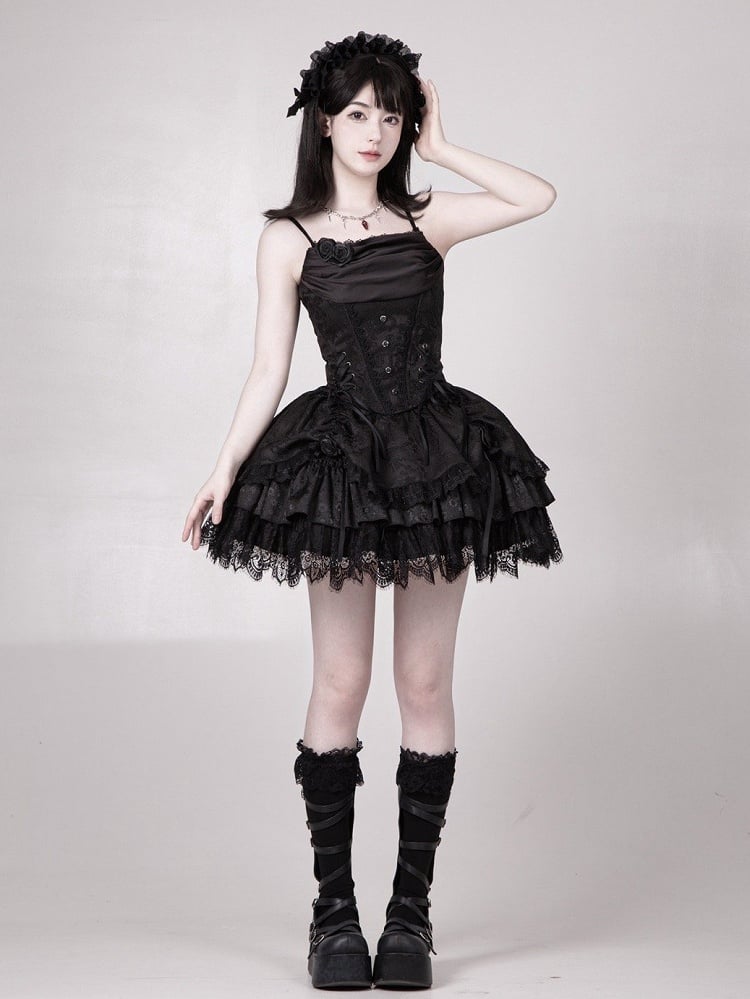Black Drawstring Detail Gothic Lolita Layered Skirt