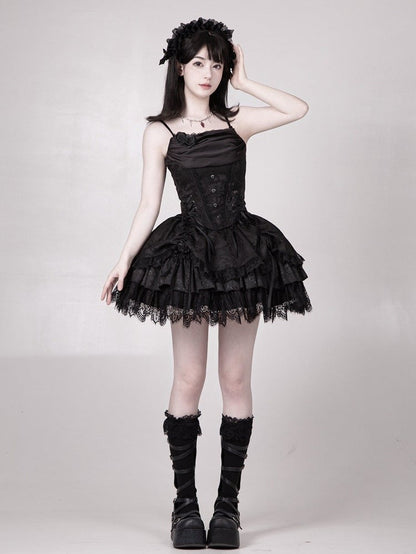 Black Drawstring Detail Gothic Lolita Layered Skirt