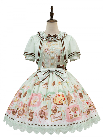 Green Sweet Mint Lolita Theme Desserts Two-pieces Print Dress Fake Design Bear