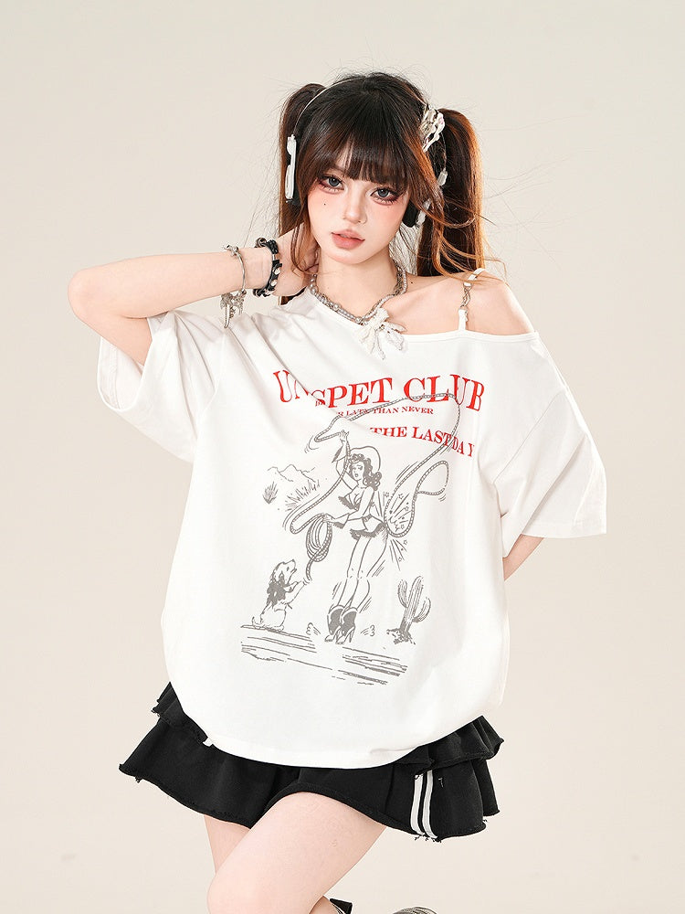 White Asymmetrical Neckline Loose Graphic T-Shirt