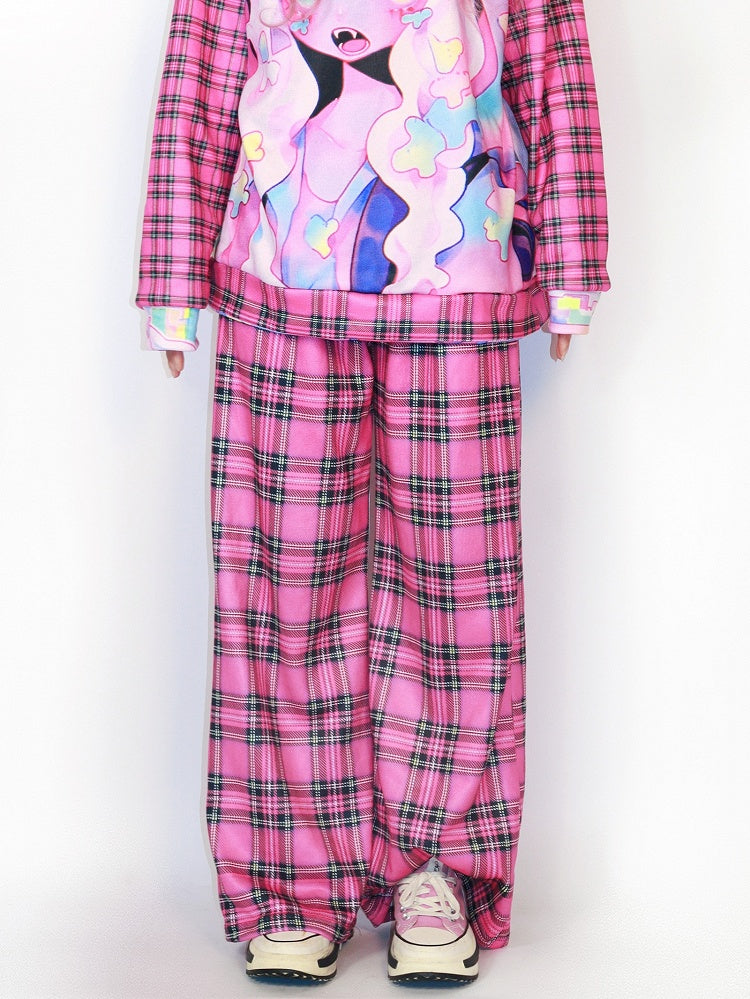 Version Pattern Rose Plaid Wide-leg Pants Gyaru Red Fashion Thicken Cut