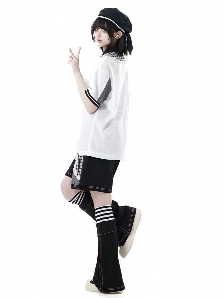 Black Plaid Patchwork Lace Trim Wide-leg Shorts White and