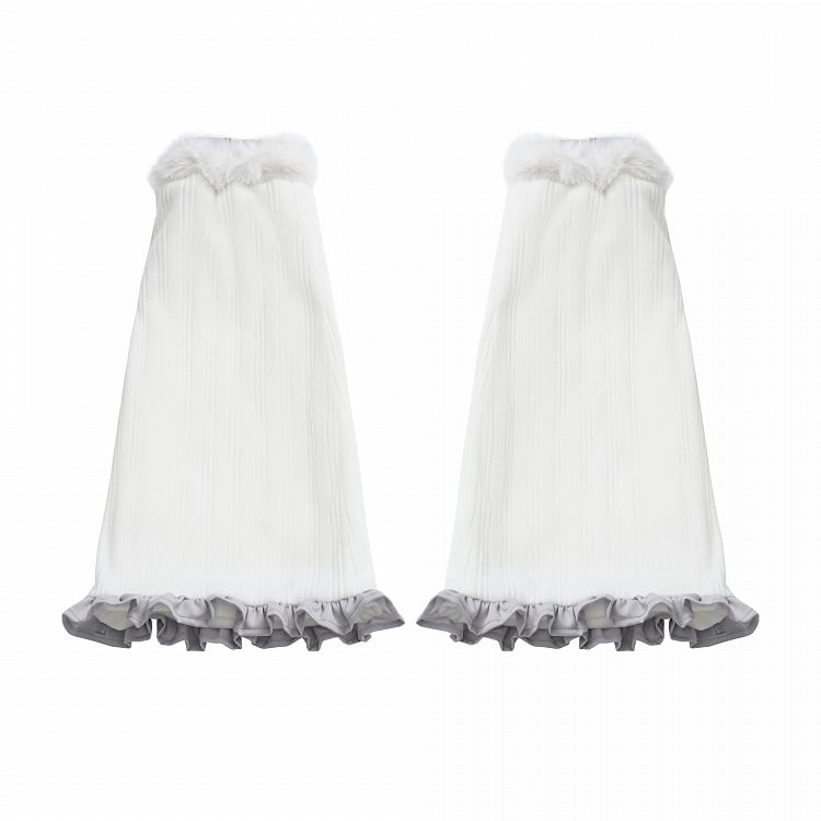 White Plush Leg Warmers with Gray Ruffle Trim