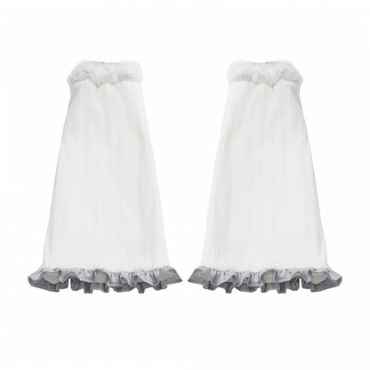 White Plush Leg Warmers with Gray Ruffle Trim