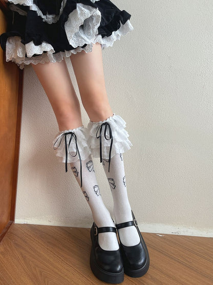 Weiße/schwarze Strümpfe mit Schleife und Spitzenbesatz, Lolita-Unterknöchel
