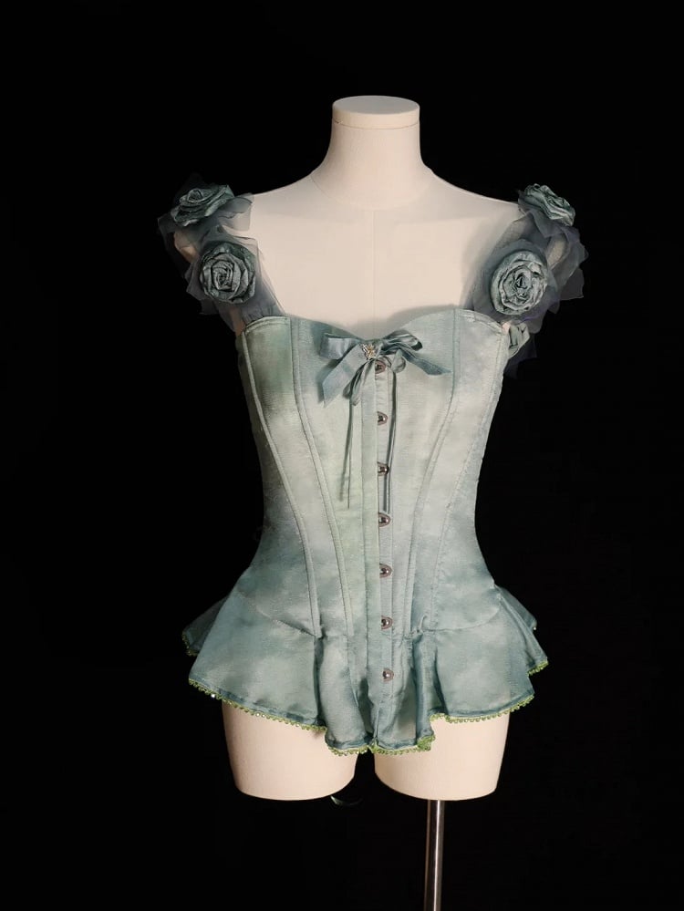 Flounce Green Hem Boned Corset Top with Detachable Floral Adornments