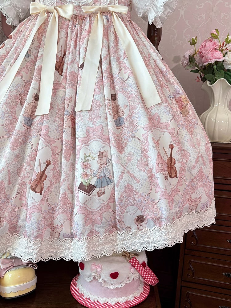 Light High Violin Lolita Bunny and Yellow Waist Print Dress Sweet JSK