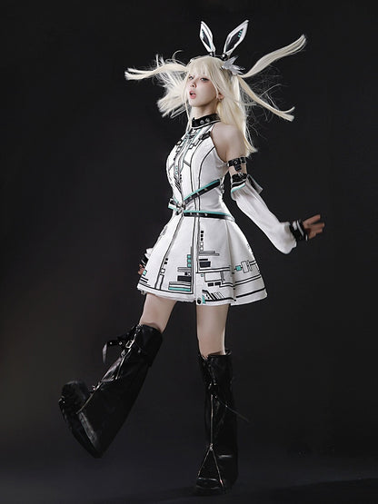 Bunny Sleeves KC Dress Techwear Halter Neck Urban Cyberpunk White + Ears