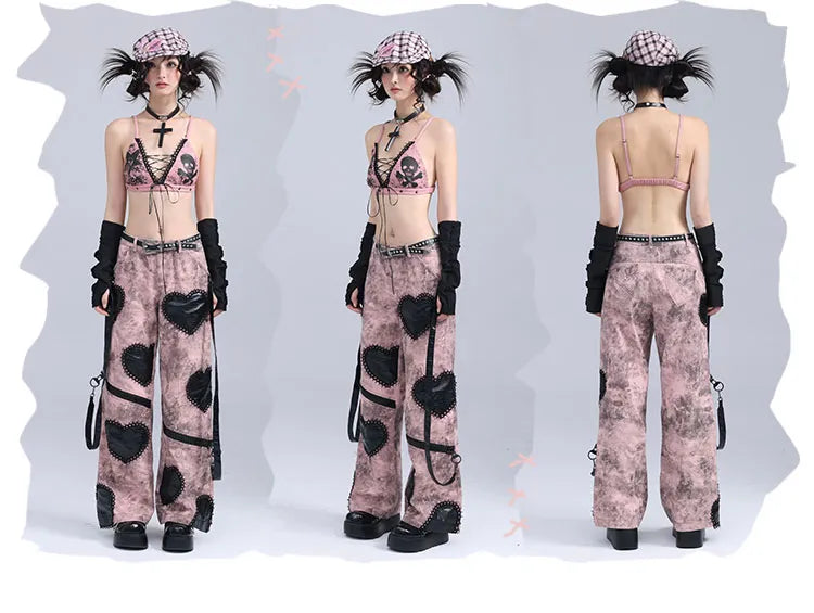 Applique Heart Gothic Leg Pink Wide Jeans Black with Zips Punk