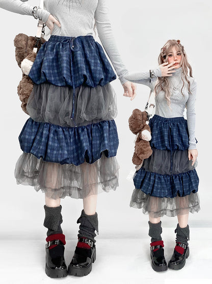 Blue Plaid Pattern Patchwork Design Tiered Bubble Skirt