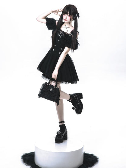Jirai Kei Black Lace Trim Top with Off-the-shoulder Neckline