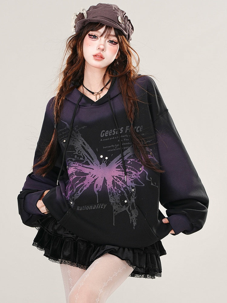 Black/Red Butterfly Print Tie Dye Loose Hoodie