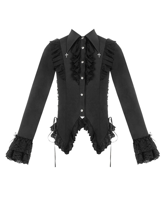 Black Lace Trimming Cross Charm Collar Ouji Lolita Shirt