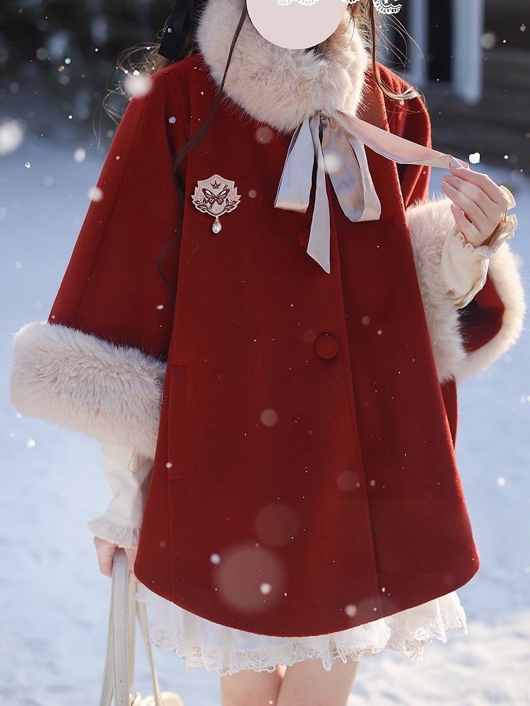 Red Wool Cape Coat with Shaggy Collar and Cuffs