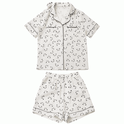 Allover Panda Print Shirt Elastic Pajamas Set Edge Beige Collar Shorts Scalloped + Waist