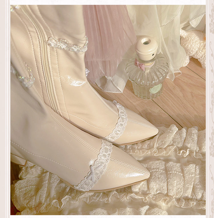 Beige Pointed Toe Laceand Beaded Chain Block Heel Knee-high Boots